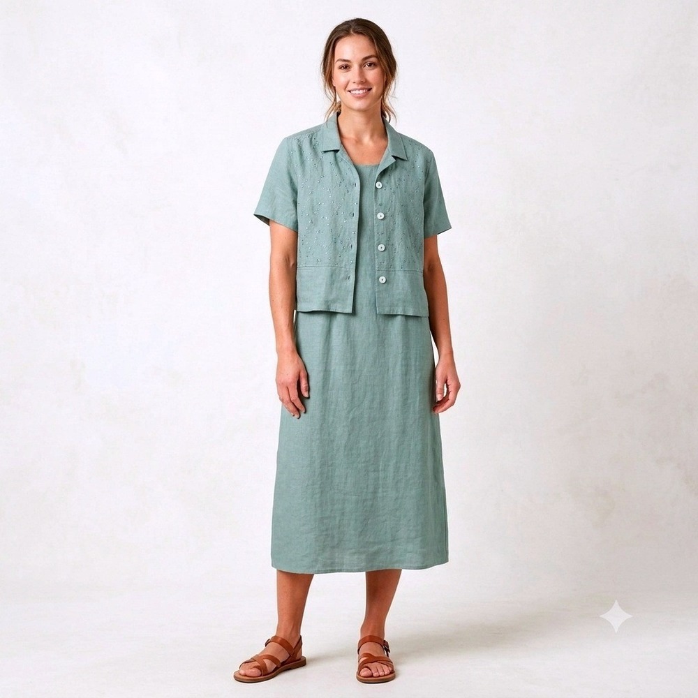 Carol Anderson Linen 2 Piece Dress Set Sage Green Embroidered Modest 90s Jumper